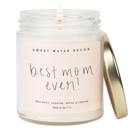 , Best Mom Ever Candle - Sea Salt, Jasmine, Cream, and Wood Scented Soy Wax Candle for Mom - 9Oz Clear Jar, 40 Hour Burn Time, Made in the USA